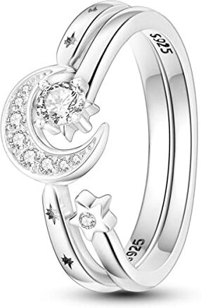 NARMO 925 Anello per le Donne Sterling Silver Star e Moon Anelli Cubic Zirconia Statement Ring Size 11.5