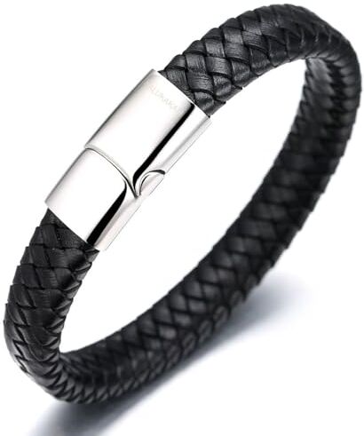 HALUKAKAH ● Solo ● Bracciale Uomo in Vera Pelle Cuoio Nero Titanio Acciaio Chiusura Magnetica Argento 8.46"(21.5cm) con Pacco Regalo Gratuito