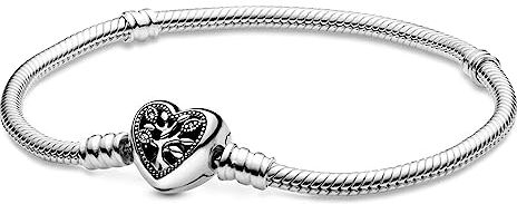 PANDORA Braccialetto con albero e scritta Family in maglia snake e chiusura a forma di cuore, 23