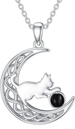 LONAGO Collana Gatto 925 Sterline D'argento Onice Nero con il Gatto in Luna Ciondolo Collana Gioielli per le Donne