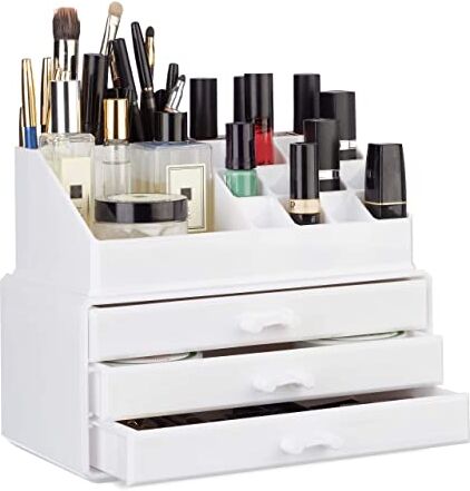 Relaxdays Organizer Make-Up, Piccolo, 2 Pezzi, Contenitore per Cosmetici con Cassetti, Bianco