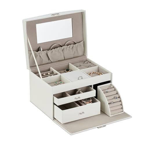 Relaxdays Valigietta Portagioie, Organizer per Gioielli, Cofanetto Portagioielli in PU, Specchio, 18x26,5x19cm, Bianco, Plastica, Poliestere, Vetro