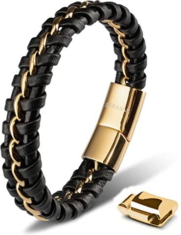 SERASAR Bracciale Uomo Acciaio 17cm Oro Braccialetto Uomo Cuoio Regolabile Magnetico Inox Bracciali Braccialetti Perline Bracialetto Cinturino Braciale Bambino Bracelet Braciale Nere Accessori