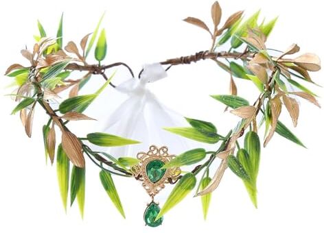 Tainrunse Pixie Fascia elastica da donna con orecchie da elfo con foglie e ghirlanda di strass con lacci regolabile a forma di cuore corona elfica fata regina Co verde