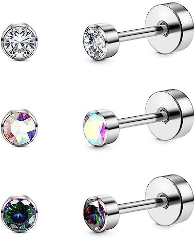 ORAZIO 3 Paia di Orecchini a Perno Per Donne Titanio Ragazze Orecchini Set ipoallergenico Cubic Zirconia Orecchini da Uomo 3/4/5mm Sleep Stud Ipoallergenici Per Orecchie Sensibili