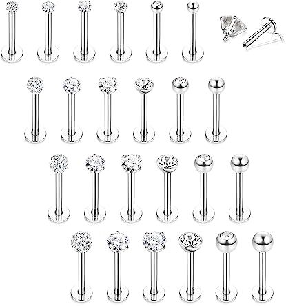 LOLIAS 24Pcs Piercing Labret Donna Uomo Piercing Orecchio Acciaio Chirurgico 16G Naso Piercing Trago Orecchino Helix Stella Cuore CZ Trago Helix Piercing Orecchini Cartilagine Gioielli