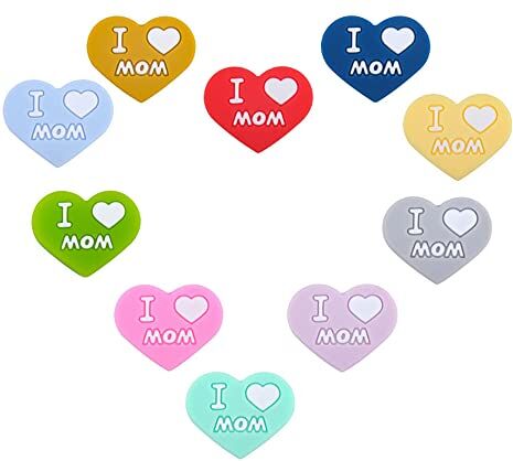 Generic 10 perline in silicone a forma di calore, colori misti, a forma di cuore, perline distanziali sfuse in silicone con scritta "I Love Mom" e "Dad", per portachiavi, bracciali, collane, gioielli fai da