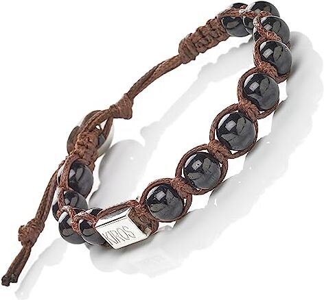 Generico KIROS Bracciale Tibetano Buddista Shamballa Tamashi Unisex Uomo Donna realizzato con Pietre Naturali 8 mm, Filo Cerato Marrone, Artigianale Fatto a Mano regolabile 3 Misure.