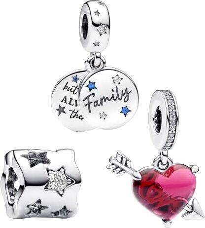 Amuefer Stella & Famiglia Amore & Cuore Rosso Charms Compatibili Bracciale Collana, Argento Sterling Ciondolo Compleanno Natale Gioielli Regali per le Donne Moglie Amici