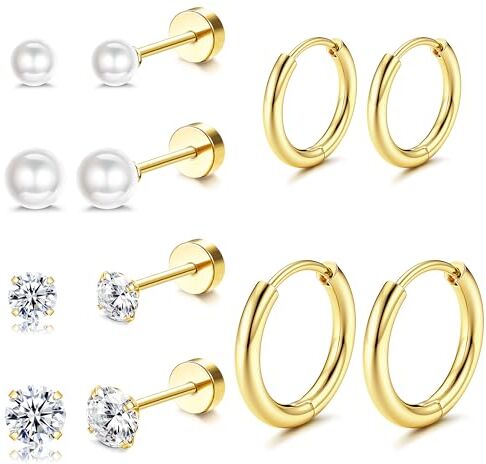 Dochais 6 Paia Orecchini Donna Piccoli Oro Orecchini Cerchio Oro 14K Ipoallergenico Orecchini Zirconi Cubici Perla Cartilagine Trago Conch Helix Piercing per Donna Ragazze Uomo