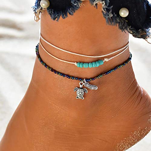 Bohend Boho Spiaggia Tartaruga Cavigliere Argento Turchese Caviglia Braccialetto multistrato perlina calzerotto Regolabile Catena del piede Gioiello per donne e ragazze