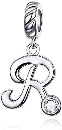 LaMenars Ciondolo con Lettera Dell'alfabeto in Argento Sterling 925 Charm Bead con A alla Z Pendente con Zirconia Cubica Compatibile con Pandora e Europei Bracciale Collane da Donna (Letter R)