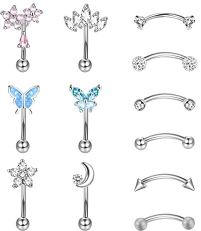 Dochais 12 Pezzi Piercing Sopracciglio Argento, Piercing Curvo Sopracciglio, Barbell Piercing Orecchio, Rook Piercing, Daith Piercing, Piercing Farfalla Luna Fiore per Donne Uomini Gioielli 16G 8mm