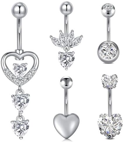 MODRSA 14G Argento Piercing Ombelico Cuore CZ Pendente Acciaio Chirurgico Donna Piercing Ombelico Diamante Piercing Banana 10mm Piercing Gioielli Corpo