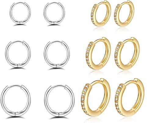 MOROTOLE 6 paia di orecchini a cerchio Placcati in oro 14K Orecchini a cerchio Huggie Argento Sterling Piccoli Orecchini a cerchio Set Piccoli Orecchini di cartilagine Cubic Zirconia per Donne Uomini