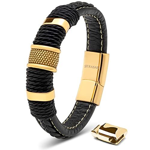 SERASAR Braccialetti Uomo Pelle 17cm Oro Braccialetto Uomo Cuoio Aggiustabile Magnetico Bracciali Braccialetti Perline Bigiotteria Bracialetto Cinturino Braciale Bambino Mens Bracelet Braciale Nere