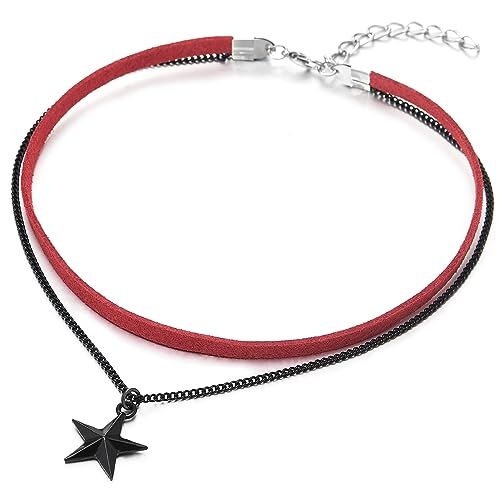 COOLSTEELANDBEYOND Due File Collana Girocollo Choker Rosso da Donna, Ciondolo, Nero Catena e Stella Pentagramma Charm Pendente