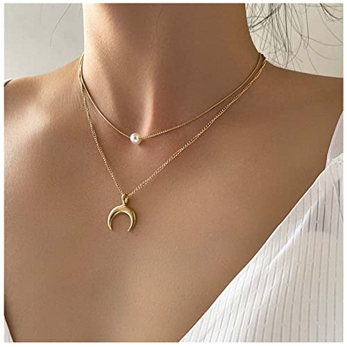 Allereya Collana con ciondolo a forma di luna Collana girocollo con perle Collana a mezzaluna in oro Collana con catena a doppio strato Boho Gioielli per donne e ragazze