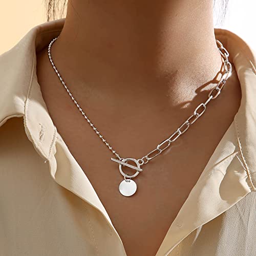 Atentuyi Collana Monete Boho Collana Argento Chiusura Ginocchiera Collana Catena Collegamento Graffetta Collana Ciondolo Disco Rotondo Collana Punk Chunky Per Donne E Ragazze Gioielli Tutti I Giorni