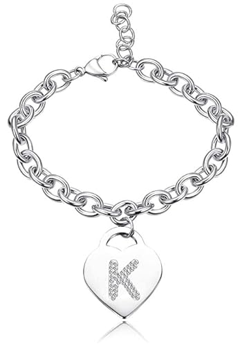 SiLo Bijoux Bracciale con lettera iniziale donna con STRASS in acciaio con lettera NOME charm cuore e cristalli argento alfabeto misura regolabile, nascita, anniversario,idea CONFEZIONE REGALO INCLUSA (K)