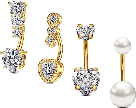 MODRSA 14G Piercing Ombelico Triple CZ Cuore Acciaio Inossidabile Perla Ombelico Anello per Donne Piercing Gioielli Lunghezza 10MM Oro