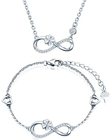 INFINIONLY Parure di gioielli, Collana Bracciale da donna ragazza, Collana Bracciale in argento 925, bracciale collana ciondolo con simbolo dell'infinito e trifoglio fortunato, zircone intarsiato