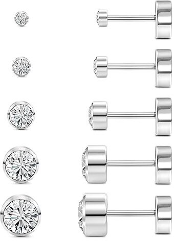 JeweBella 5 Paia Orecchini Punto Luce Argento per Donna G23 Orecchini Titanio per Piercing Orecchio Trago Helix Cartilagine Unisex Piccoli Zirconi Cubici Orecchini a Lobo 2/3/4/5/6mm