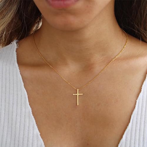 Mezrkuwr Collana da donna con croce placcata in oro 18 carati, con scatola portagioie, collana a croce, collana in oro, set di gioielli