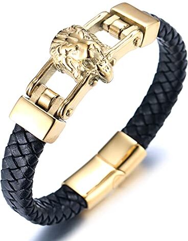 HALUKAKAH Bracciale Oro Uomo,Placcato Oro 24k Massiccio Acciaio Titanio Testa Leone Design Vuoto Animale Selvatico Bracciale Pelle Fatto a Mano Chiusura Magnetica 21.5cm,Pacco Regalo Gratuita