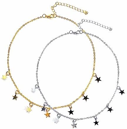 LEEQBCR 2 Pcs Collana con stella Boho Collana con pendente a stella pentagramma catena clavicola di fascia alta, gioielli per donne e ragazze, argento dorato