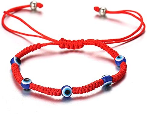 HALUKAKAH Malocchio Bracciale per Donna Uomo Treccia Fatta a Mano Cinque Blu Occhio Perline Rosso Stringa Braccialetto a Treccia Taglia Regolabile Protezione Mal de Ojo Gioielli con Confezione Regalo