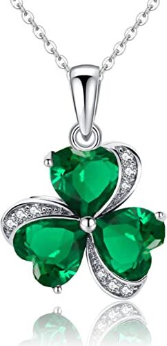 VONSSY Collana di cristallo di trifoglio di smeraldo verde delicato Collana di pietra preziosa di diamante bianco Collana di trifoglio irlandese di St Patricks Day Catena placcata in oro platino