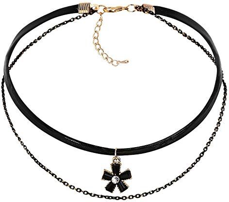 Daesar Collana Donna, Collana da Donna in Acciaio con Pendente A Forma Di Fiore con Zirconi Cubici Collana in Oro Nero