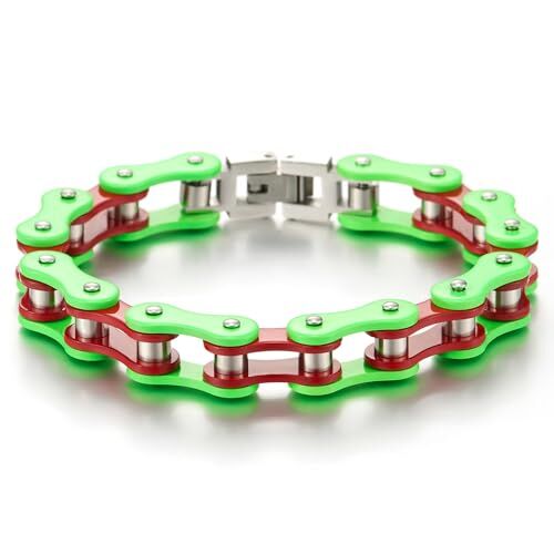 COOLSTEELANDBEYOND Classico Bracciale da Uomo, Catena di Bicicletta, Acciaio Inossidabile, Argento Verde Rosso, Lucidato a Specchio