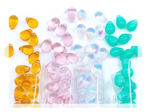 Bohemia Crystal Valley 120+ Bead Kit of 6x9mm Pendant Drop Beads Teardrop Glass Beads for Jewelry Making Set in 4 Gentle Distinct Colors: Pink, Opal Turquoise, Amber, Crystal AB