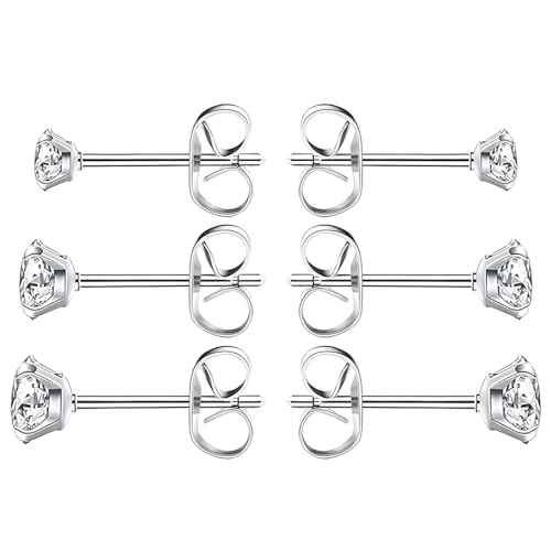 GNHG 3 paia di orecchini da donna, orecchini in argento, orecchini di diamanti, orecchini ipoallergenici, orecchini per ragazze, orecchini da uomo e da donna da 3, 4, 5 mm