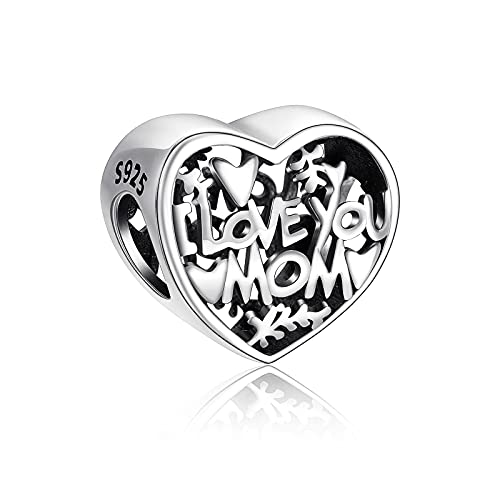 NINGAN Perline pendenti in argento sterling charm a forma di cuore di lettering di famiglia adatto per braccialetti da donna (Ti amo mamma)