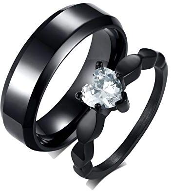 Gualiy Anelli Matrimonio in Acciaio Inossidabile, Coppia Anello Matrimonio Nero Anello 6MM con Cuore Zirconia Cubica Donna Taglia 20 Uomo Taglia 22