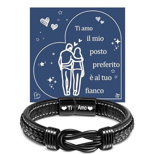 YELUWA Regalo San Valentino Per Lui, Ti Amo Bracciale Uomo, Bracciali Pelle da Uomo Infinito Nodo Incisione Natale Regalo di Compleanno Per Lui Regalo Marito Idee Regalo Uomo Compleanno Anniversario