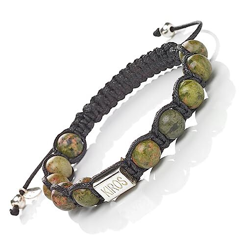 Generico KIROS Bracciale Tibetano Buddista Shamballa Tamashi Unisex Uomo Donna realizzato con Pietre Naturali 8 mm, Filo Cerato Nero, Artigianale Fatto a Mano regolabile 3 Misure.