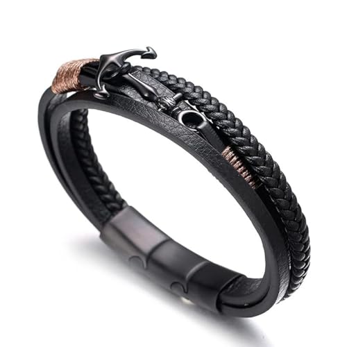 HALUKAKAH Plus ● Vela ● Bracciale Uomo in Vera Pelle Cuoio Fatto a Mano Treccia Ancora Chiusura Magnetica Titanio Acciaio Opaco Nero Taglia Regolabile 8.46"-9"(21.5-23cm) con Pacco Regalo Gratuita