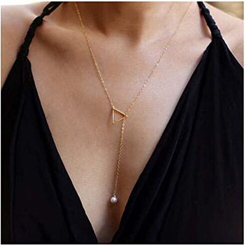 Yheakne Boho Collana triangolo di perle Collana di perle in oro Y Collana minimalista Y Lariat Collana con catena geometrica Gioielli per donne e ragazze (oro)