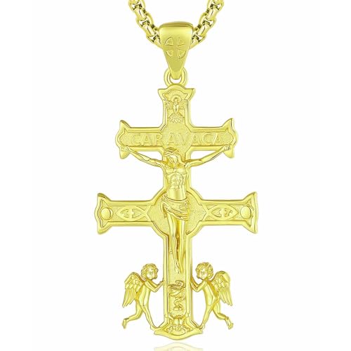 INFUSEU Collana con Croce Caravaca, Medaglia Pagana Oro Ciondolo Patrono Fede Cristiana Religiosa Angelica Protezione Spagnola Protezione Gioielli Amuleto Regali Uomini Donne