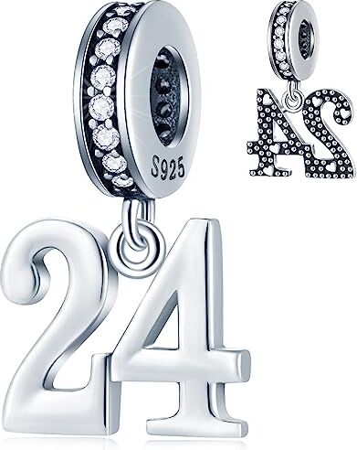 GLOWDAS 24 ° Anniversario Ciondoli Charms si adatta Pandora San Valentino Bracciale, 925 Argento Sterling 24 Compleanno Ciondolo Perline con Birthstone CZ, Numero 24 Anni Regali per Coppia/Famiglia/Sposa