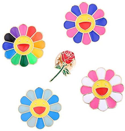 Belons Spilla smaltata a forma di girasole, 5 pezzi, con motivo colorato e sorriso, ideale come regalo