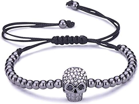 Unendlich U -bracciale da donna o per bambini, alla moda, motivo: teschio,intrecciato, cordoncino in cotone, sfere in lega e zirconi, regolabile e base metal, colore: nero, cod.