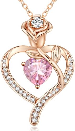 CDE Jewellry Birthstone Collana Donne, 925 Sterling Silver Rose Gold Jewellry Rose Heart Collana Pendente Anniversario Compleanno Regalo di Natale per donne Moglie Mamma Fidanzata Lady Suo 10