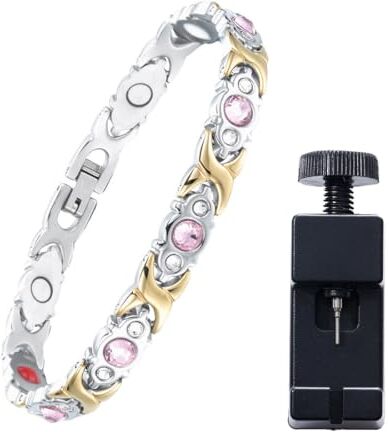 TQPUWT Bracciale Magnetico, Bracciale Magnetico Alla Moda In Acciaio, Gioielli Bracciali Acciaio Inossidabile con Strumento di Rimozione Link, Argento Placcato Bicolore, oro Rosa Diamante