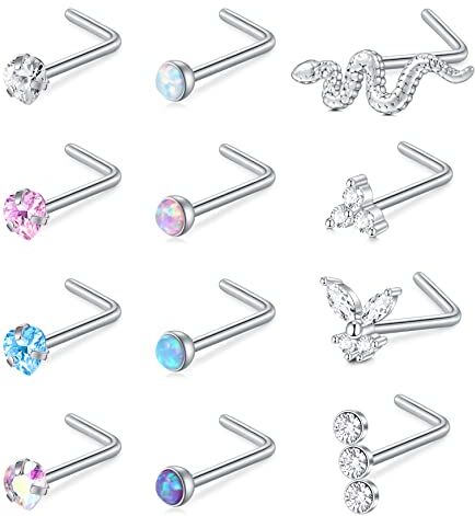 VFUN VFUM L Forma Piercing Naso Nose Stud Donna Diamante CZ Serpente Ring Opale Curved Acciaio Inossidabile Nostril Piercing Gioielli 12 Pezzi