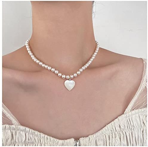 Dervivea Vintage Perla Catena Collana Madreperla Cuore Ciondolo Collana Filo Corto Perla Collana Girocollo Amore Cuore Collana Gioielli Per Le Donne E Le Ragazze